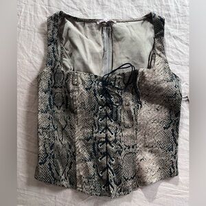 Snake-Print Lace-Up Corset Crop Top - Gray